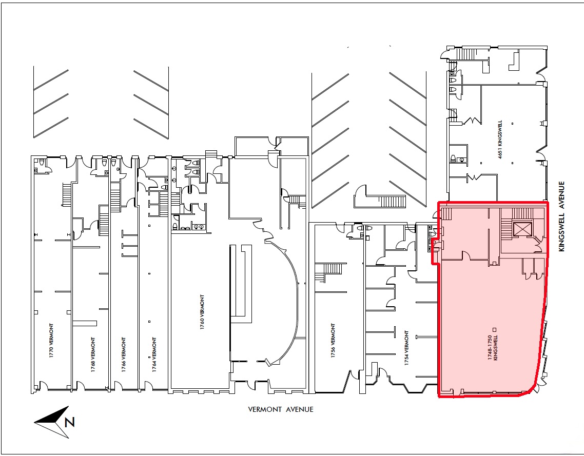 Floor plan of 1748–1750 Kingswell showing the available corner suite outlined in red against neighboring tenancies along Vermont Avenue.
