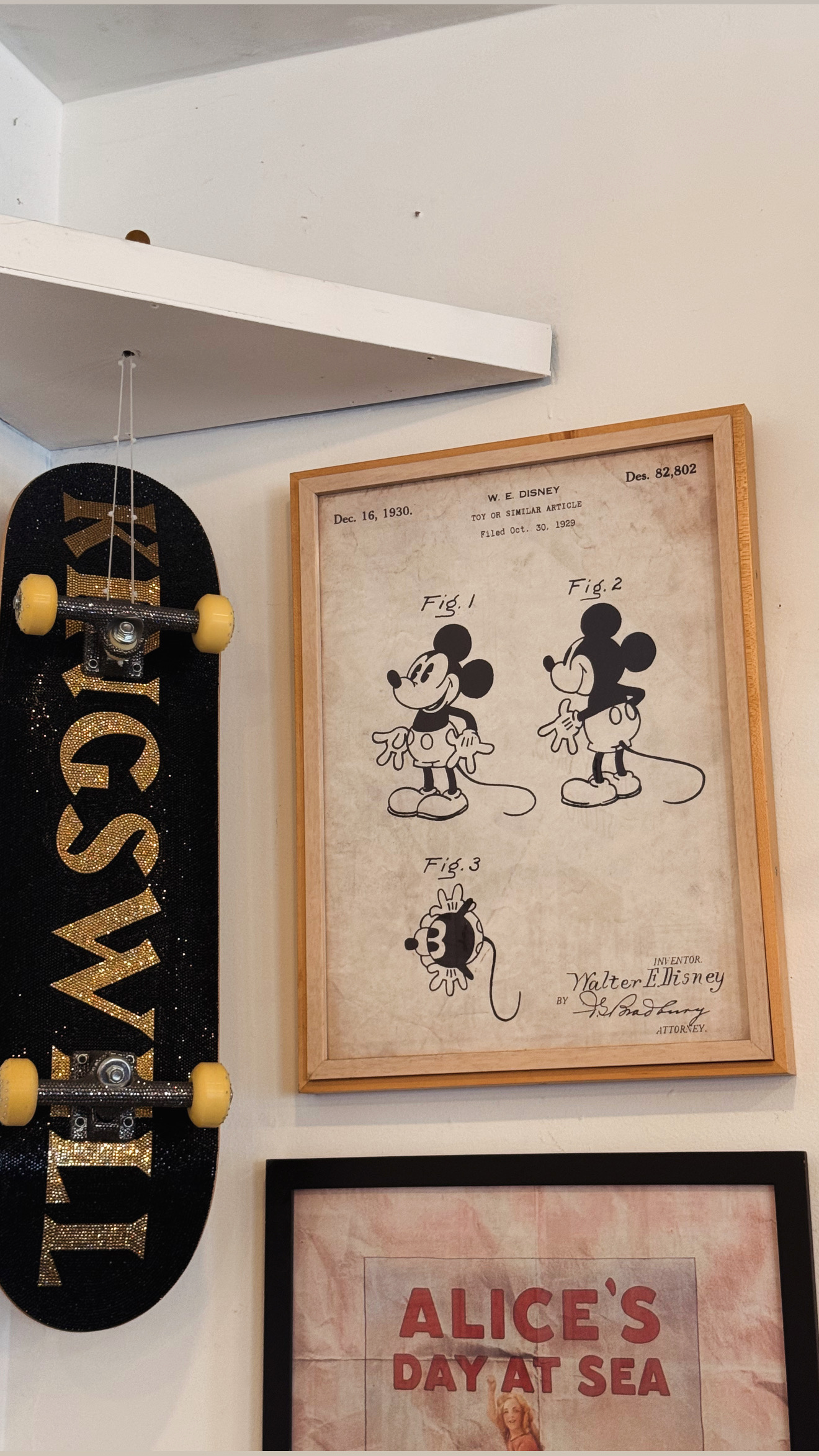 Walt Disney's 1930 Mickey Mouse design patent (Des. 82,802), framed on the wall inside KINGSWELL at the original Disney Bros. studio address.